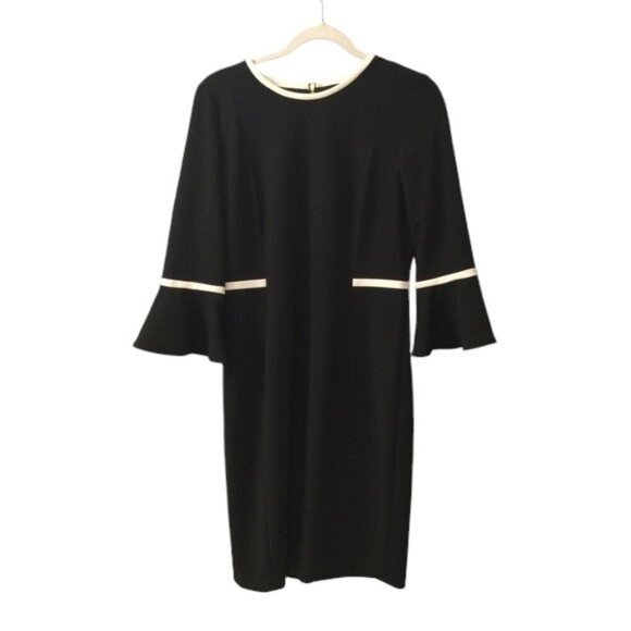 Calvin Klein Black Cream Bell sleeve gold Zipper Dress Size 6 - Picture 2 of 4